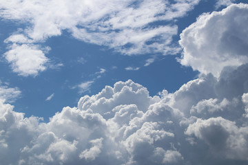 Clear blue sky with cumulus and cirrus clouds. Sunny weather. Joyful mood. High pressure. Clean air...