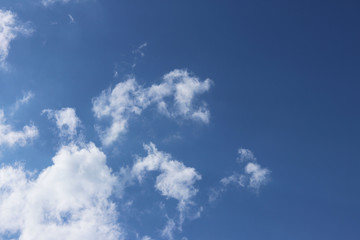 Clear blue sky with cumulus and cirrus clouds. Sunny weather. Joyful mood. High pressure. Clean air ecology. Water in a gaseous state. The source of rain and hail. Weather prediction.