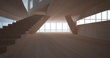 Abstract  concrete and wood parametric interior  with window. 3D illustration and rendering.