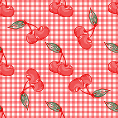 cherry pattern on white and red check background with leaves