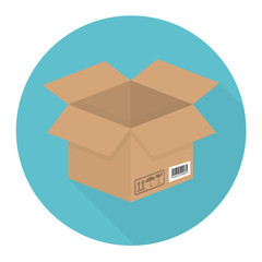 Opened cardboard box or package icon. Circle shaped with long shadow