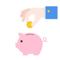 Hand insert coin into piggy bank, flat design