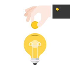 Business hand insert coin into light bulb, flat design