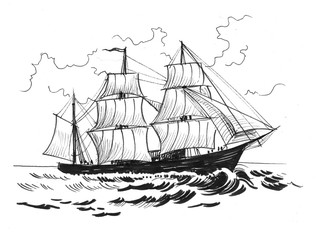 Old sailing ship. Ink black and white illustration