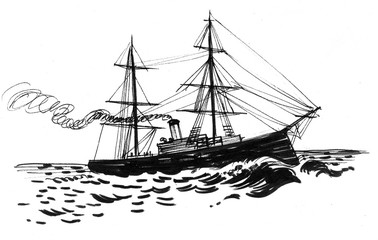 Vintage ship. Ink black and white illustration