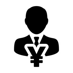 Bank icon vector male user person profile avatar with Yen sign currency money symbol for banking and finance business in flat color glyph pictogram illustration