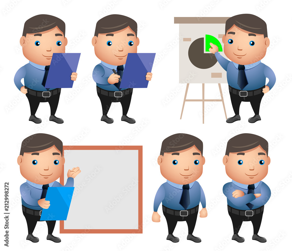 Poster business characters vector set with professional businessman with office attire showing presentation