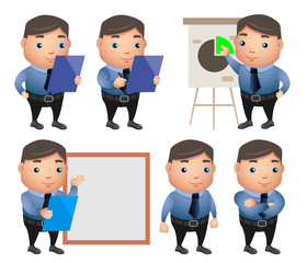 Business characters vector set with professional businessman with office attire showing presentations in gestures and postures. Vector illustration.
