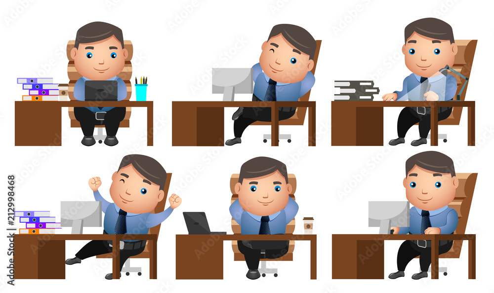 Poster business man vector characters set with businessman or manager doing office works in table or desk w