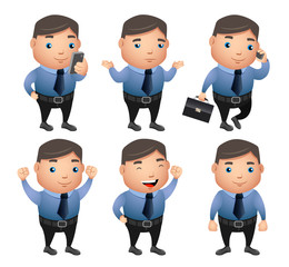 Business man vector character set with gestures and postures doing office work holding mobile phone and bag isolated in white background. Vector illustration.
