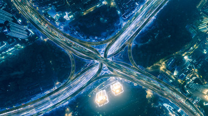 aerial view of highway interchange at night