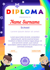 diploma with happy graduates, girl and boy in graduation dresses and hats, rainbow, sky and stars in cartoon style (background for baby announcements, photo, diploma, coupon)