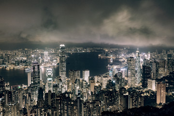 High-rise buildings in Hong Kong city from top Victoria peak