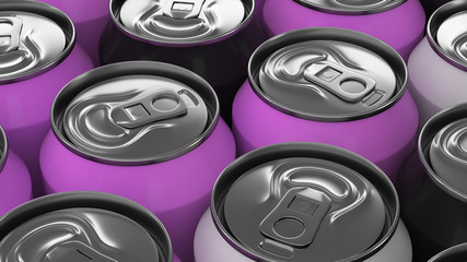 Big black, white and purple soda cans on white background