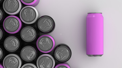 Big black, white and purple soda cans on white background