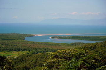 Landscape view of the Coral Sea and Daintree Rainforest at the Walu Wugirriga Mount Alexandra Lookout near Cape Tribulation, Queensland, Australia