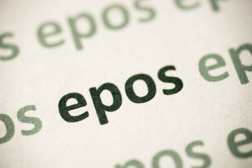 word  epos  printed on paper macro