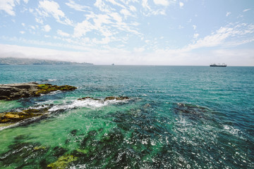 Chile. Valparaíso View of the turquoise ocean and the ship in the distance