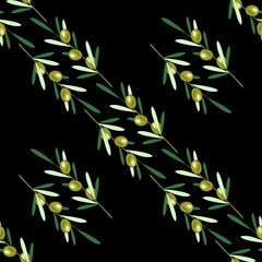 Branches of olive tree. Seamless pattern. Green olive fruit, leaves