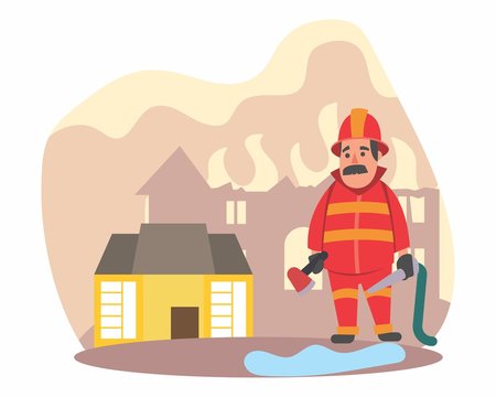 funny fireman firefighter fireguard extinguisher fire company heat flame red cartoon character