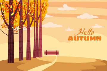 Autumn landscape, fall trees with yellow leaves, lonely bench for contemplation of autumn nature, vector, isolated, cartoon style