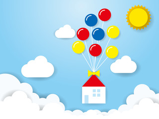 風船で空飛ぶ家-夏の太陽と青空と入道雲