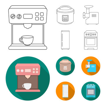 Multivarka, refrigerator, meat grinder, gas stove.Household set collection icons in outline,flat style vector symbol stock illustration web.
