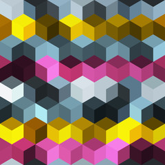 Hexagon grid seamless vector background. Stylized polygons bauhaus corners geometric design. Trendy colors hexagon cells pattern for banner or cover. Honeycomb cube shapes mosaic.