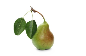 Fresh ripe pear with twig and leaves isolated on white background