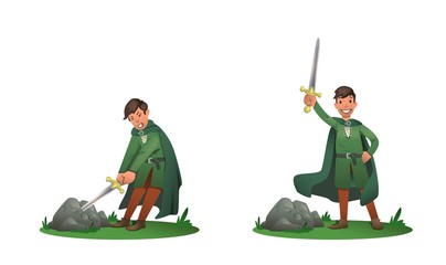 Young King Arthur withdrawing Excalibur of the stone and holding it above the head. Set of two postures, cartoon character. Flat vector illustration. Isolated on white background.