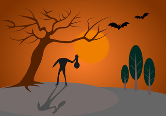 Happy Halloween ghost in forest with moon night.Illustration vector.