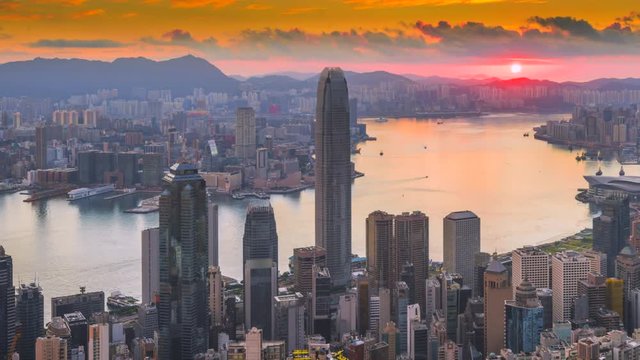 4k timel;aspe day to night sunrise scene of hongkong cityscape view from victoria peak, hongkong
