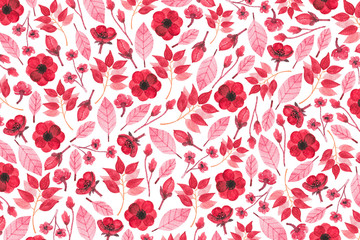 Autumn Pattern With Watercolor Flowers And Leaves