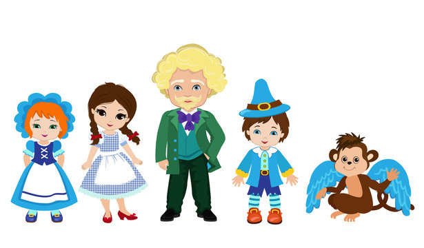 Illustration of Dorothy and the characters of the Emerald City. Wizard, flying monkey and munchkins. 