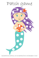 Education Patch game mermaid for children to develop motor skills, use plasticine patches, buttons, colored paper or color the page, kids preschool activity, printable worksheet, vector illustration
