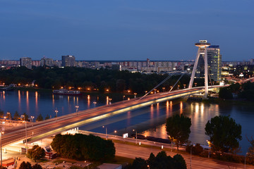 View on New bridge over Danube river from castle hill in Bratislava,Slovakia after sunset
