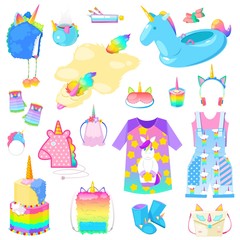 Fototapeta premium Unicorn vector cartoon kids accessories or clothing in girlish horse with horn style and colorful ponytail illustration set of fantasy child ponytailed animal bags or isolated on white background