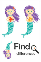 Find 3 differences, game for children, mermaid in cartoon style, education game for kids, preschool worksheet activity, task for the development of logical thinking, vector illustration