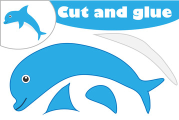 Dolphin in cartoon style, education game for the development of preschool children, use scissors and glue to create the applique, cut parts of the image and glue on the paper, vector illustration