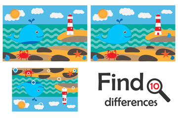 Find 10 differences, game for children, ocean life in cartoon style, education game for kids, preschool worksheet activity, task for the development of logical thinking, vector illustration
