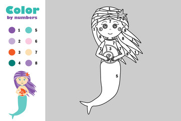 Mermaid in cartoon style, color by number, education paper game for the development of children, coloring page, kids preschool activity, printable worksheet, vector illustration