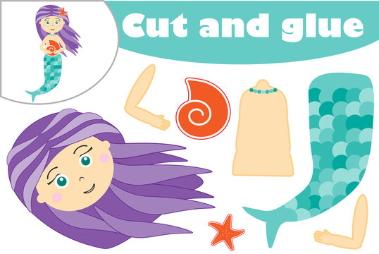 Mermaid in cartoon style, education game for the development of preschool children, use scissors and glue to create the applique, cut parts of the image and glue on the paper, vector illustration