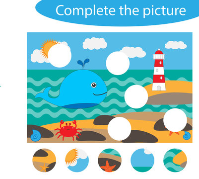 Complete the puzzle and find the missing parts of the picture, ocean life,  fun education game for children, preschool worksheet activity for kids, task for the development of logical thinking, vector