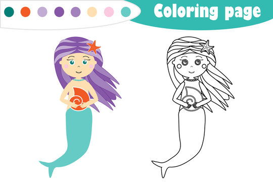 Mermaid in cartoon style, coloring page, education paper game for the development of children, kids preschool activity, printable worksheet, vector illustration