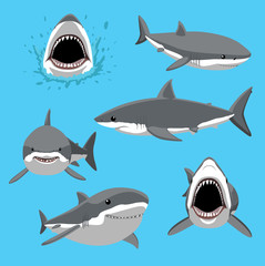Naklejka premium Wielki biały rekin sześć pozuje kreskówka wektor ilustracja