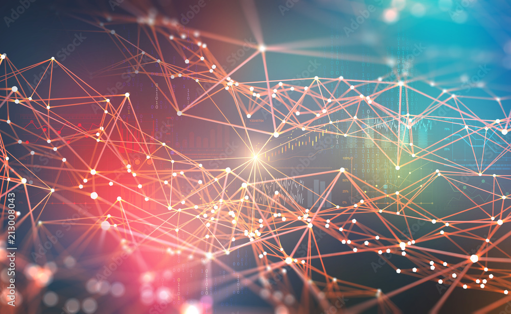 Aufkleber Global network. Blockchain 3D illustration. Neural networks and artificial intelligence. Concept of cyberspace. Abstract technological background with binary code elements