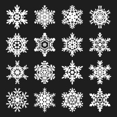 Stock vector illustration snowflakes set. Black background. White complex snowflakes set 16. EPS 10