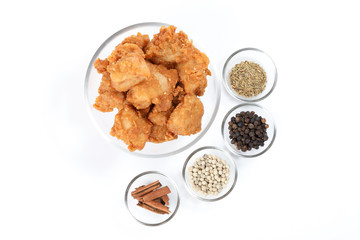 Deep Fried Chicken Wings Drumstick Nuggets Popcorns on white background