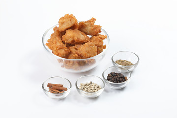 Deep Fried Chicken Wings Drumstick Nuggets Popcorns on white background