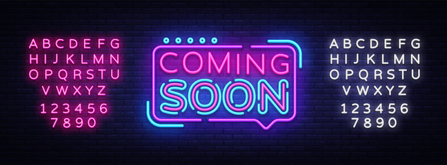 Coming Soon Neon Sign Vector. Coming Soon Badge in neon style, design element, light banner, announcement neon signboard, night advensing. Vector Illustration. Editing text neon sign